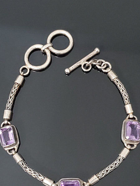 Amethyst Crystal Sterling Silver Toggle Bracelet