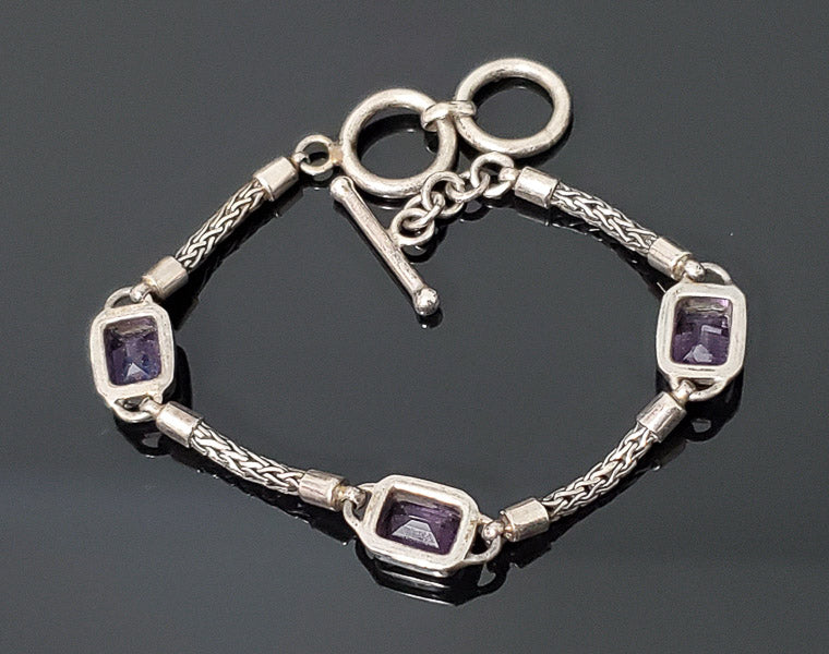 Amethyst Crystal Sterling Silver Toggle Bracelet