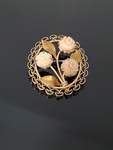 Vtg Gold Filled Krementz Carved Coral Roses Brooch