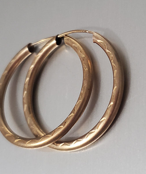 Vintage 9k Gold Diamond Etched Hoop Earrings