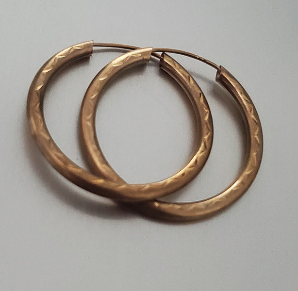 Vintage 9k Gold Diamond Etched Hoop Earrings