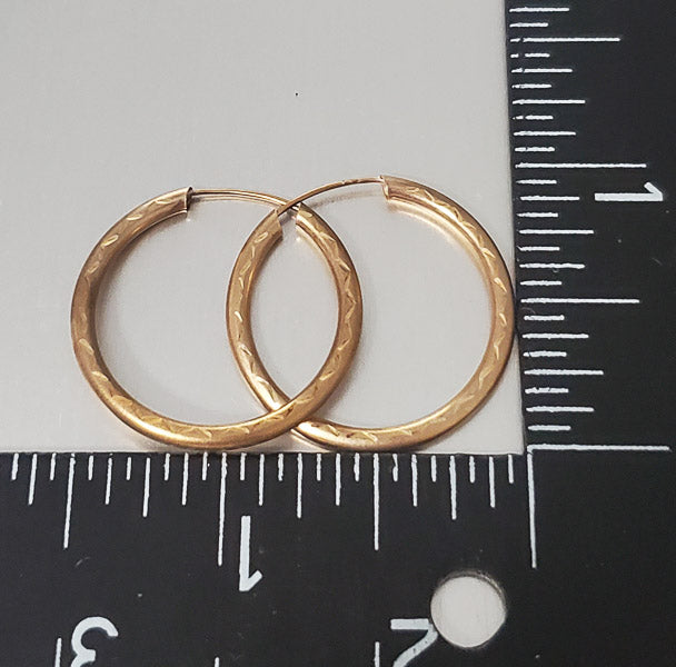 Vintage 9k Gold Diamond Etched Hoop Earrings