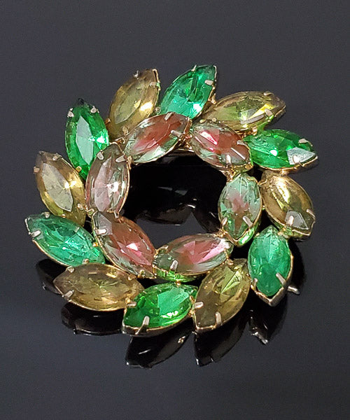 Vintage Rhinestone Wreath Brooch in Berry & Shades of Green