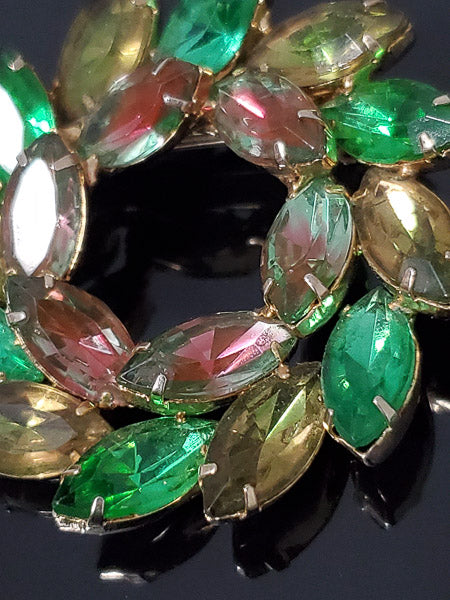 Vintage Rhinestone Wreath Brooch in Berry & Shades of Green