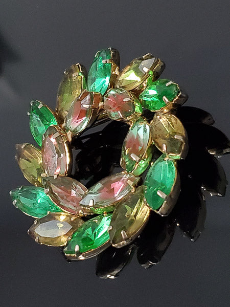 Vintage Rhinestone Wreath Brooch in Berry & Shades of Green