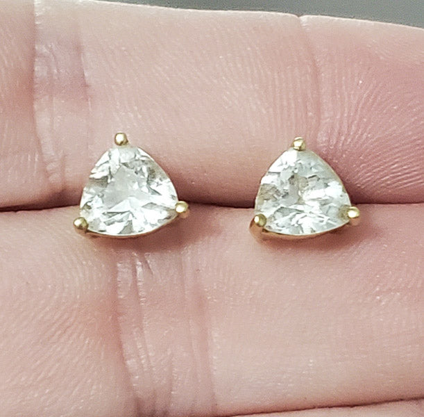 Solid 18k Gold White Topaz Trillion Cut Earrings