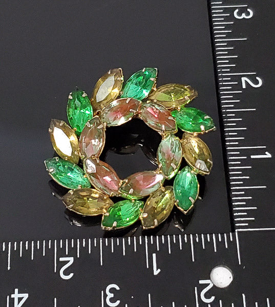 Vintage Rhinestone Wreath Brooch in Berry & Shades of Green
