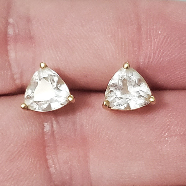 Solid 18k Gold White Topaz Trillion Cut Earrings