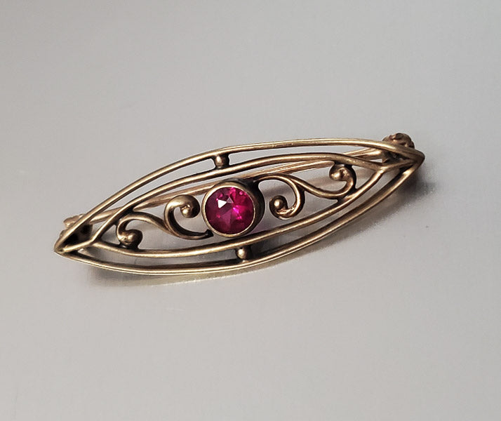 Antique Art Deco 10k Gold Ruby Brooch