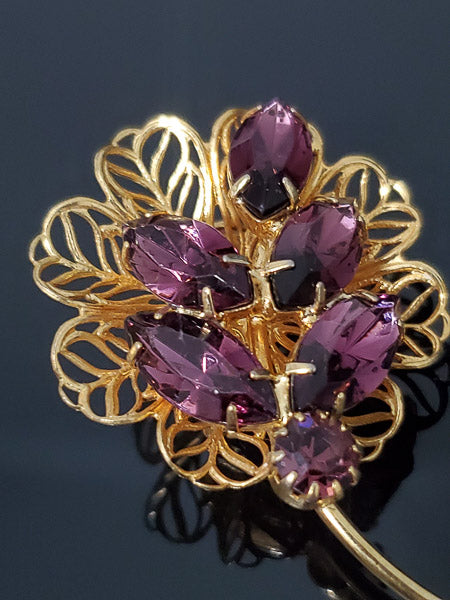 Vintage Gold Tone Purple Pronged Rhinestone Flower Brooch