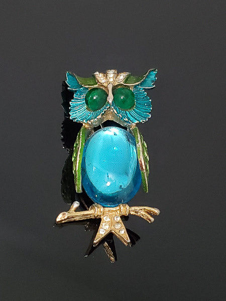 Vintage Signed Art Glass Owl Brooch