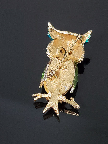 Vintage Signed Art Glass Owl Brooch