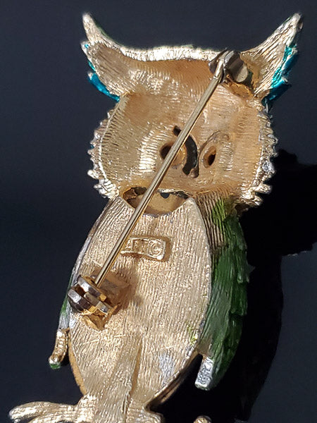 Vintage Signed Art Glass Owl Brooch