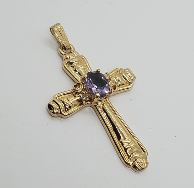 Vintage Diamond and Amethyst 24k GE Cross Pendant