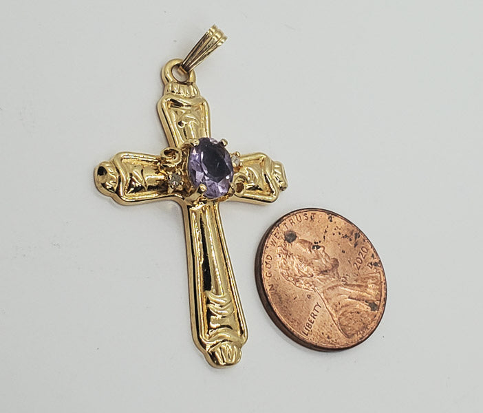 Vintage Diamond and Amethyst 24k GE Cross Pendant