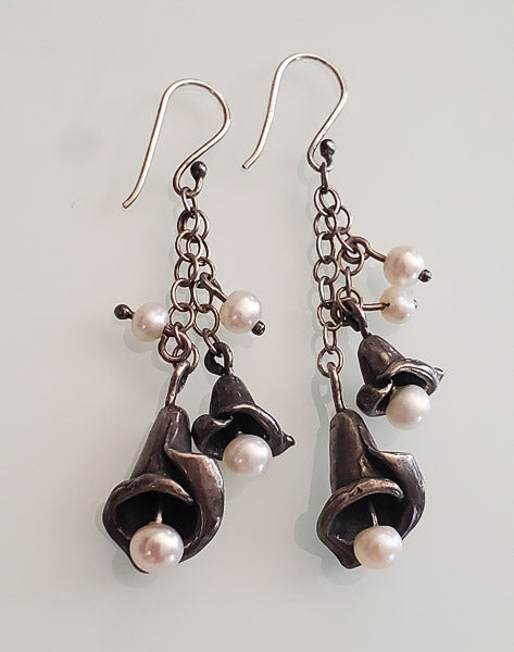 3360-Pearl & Sterling Silver Floral Drop Earrings