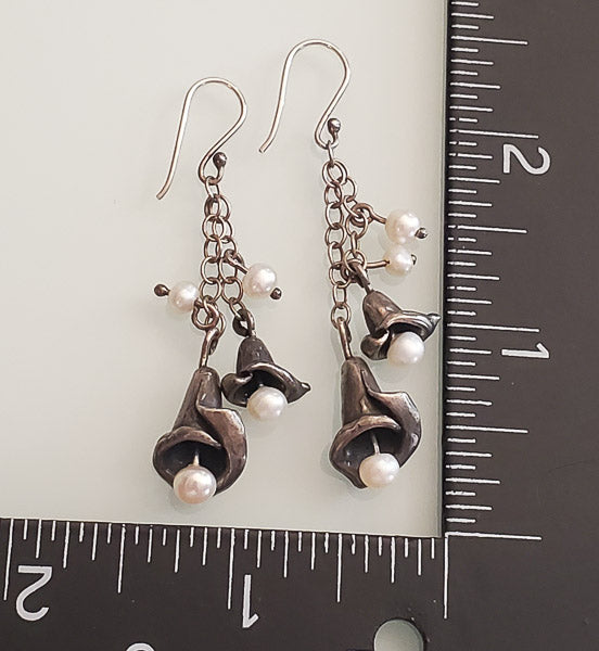 3360-Pearl & Sterling Silver Floral Drop Earrings