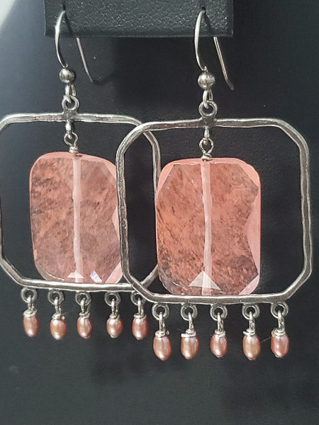 3672-Stone & Pearl Sterling Silver Drop Earrings