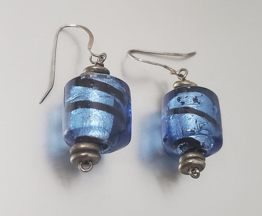 1369-Heavy Foiled Glass Sterling Dangle Earrings