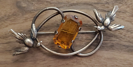 Gorgeous Vintage Amber Glass Sterling Brooch