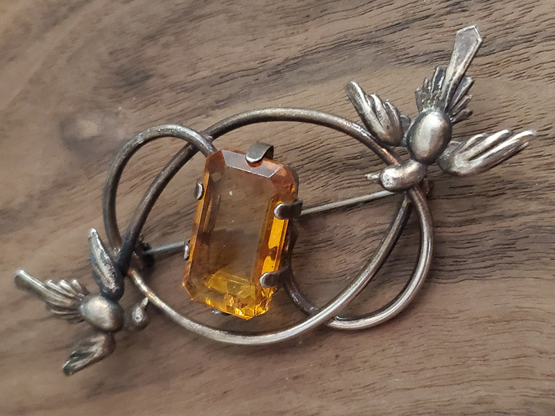 Gorgeous Vintage Amber Glass Sterling Brooch