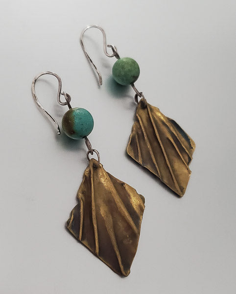 1566-Stone, Brass & Sterling Dangle Earrings