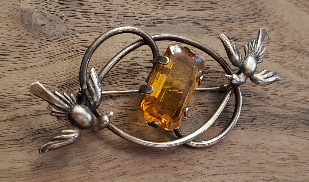 Gorgeous Vintage Amber Glass Sterling Brooch