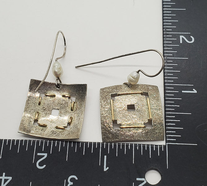 2720-Two Tone Textured Sterling Pearl Dangle Earrings