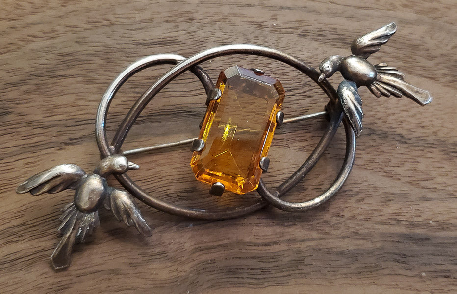 Gorgeous Vintage Amber Glass Sterling Brooch