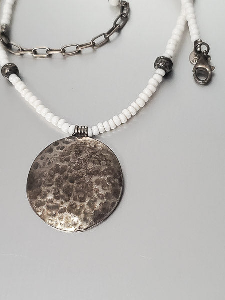 2974-Silver Tone Disk Necklace w/ Sterling Clasp