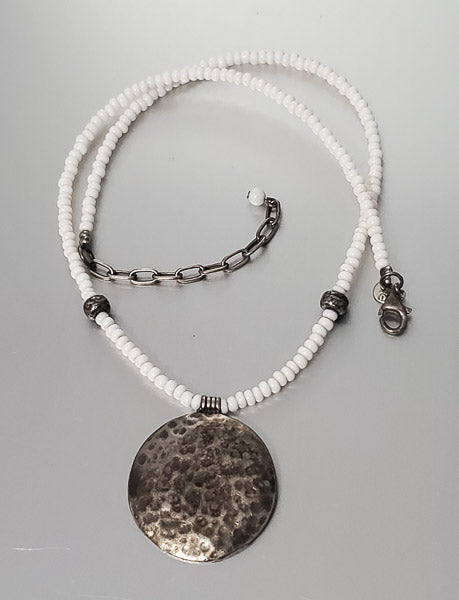 2974-Silver Tone Disk Necklace w/ Sterling Clasp