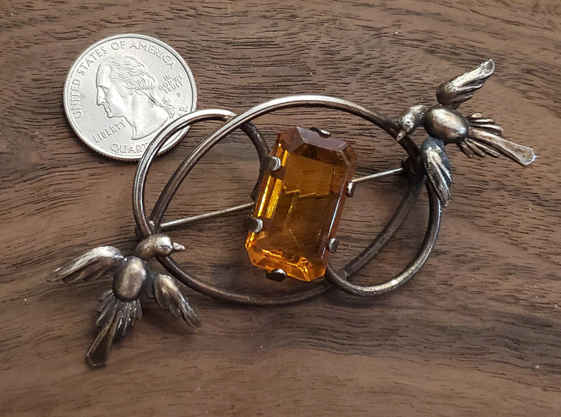 Gorgeous Vintage Amber Glass Sterling Brooch