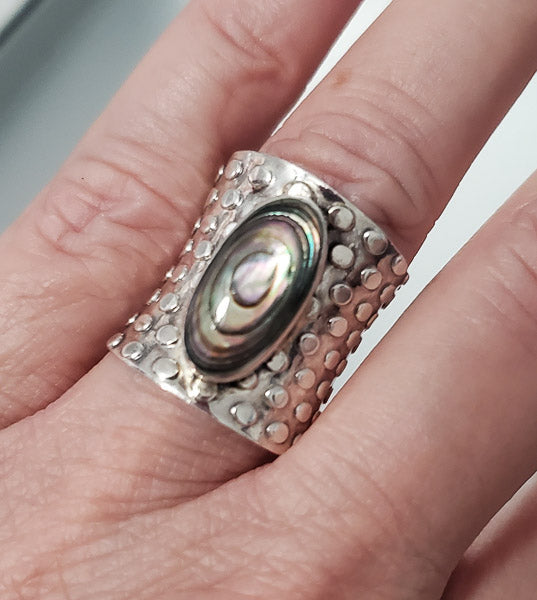 3327-Wide Band Abalone Sterling Silver Ring sz 6