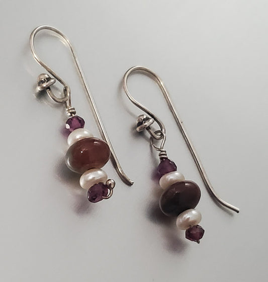 3502-Sterling Silver Stone & Pearl Dangle Earrings