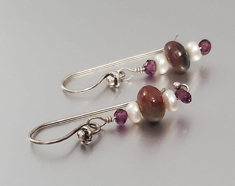 3502-Sterling Silver Stone & Pearl Dangle Earrings