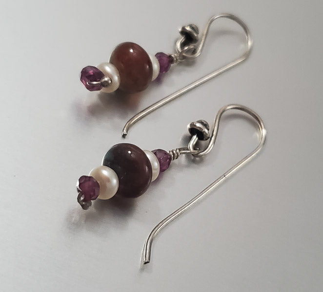 3502-Sterling Silver Stone & Pearl Dangle Earrings