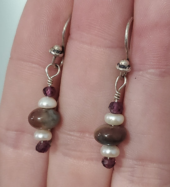 3502-Sterling Silver Stone & Pearl Dangle Earrings