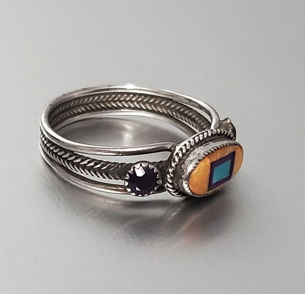 3558-Native Inlaid Sterling Silver Ring sz 7.5