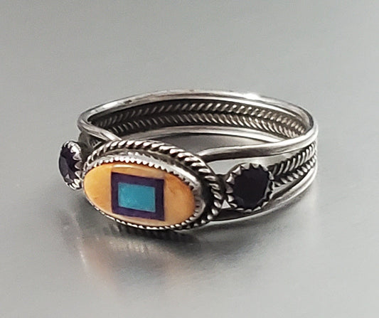 3558-Native Inlaid Sterling Silver Ring sz 7.5