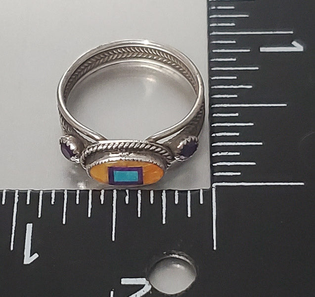 3558-Native Inlaid Sterling Silver Ring sz 7.5