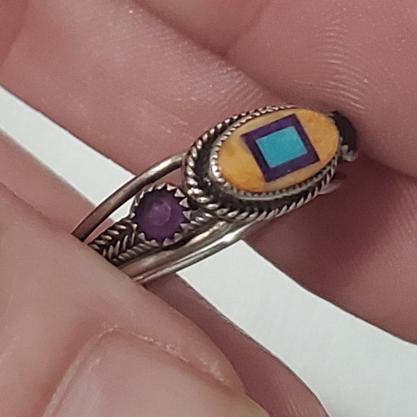 3558-Native Inlaid Sterling Silver Ring sz 7.5