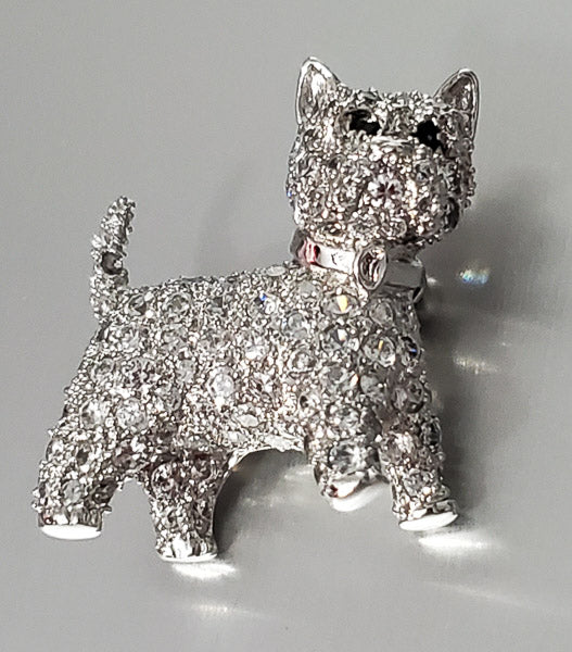1106-E. Pearl Sterling Rhinestone Dog Brooch