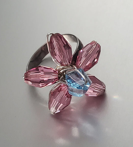 3574-Colorful Sterling Silver Flower Ring sz 7
