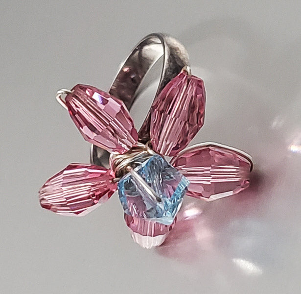 3574-Colorful Sterling Silver Flower Ring sz 7