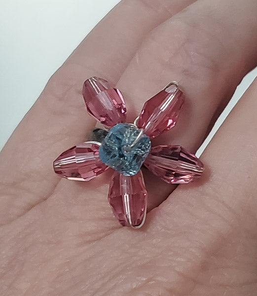 3574-Colorful Sterling Silver Flower Ring sz 7