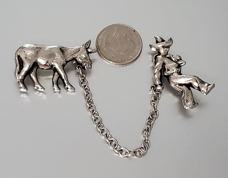 1682-Vtg Silver Tone Man & Donkey Brooch