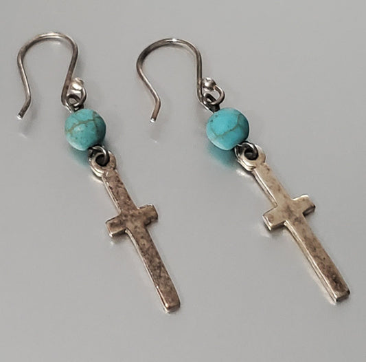 3704-HOB Mexico Stone Sterling Silver Cross Earrings
