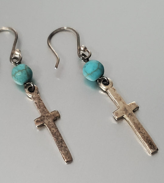 3704-HOB Mexico Stone Sterling Silver Cross Earrings