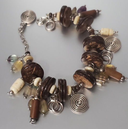 3660-Large Wood & Stone Sterling Charm Bracelet