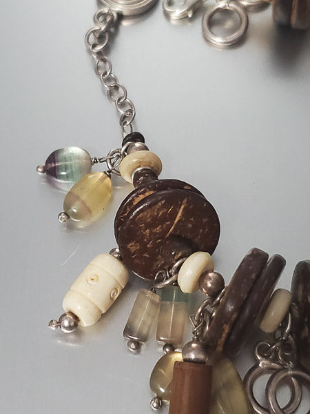 3660-Large Wood & Stone Sterling Charm Bracelet